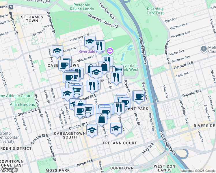 map of restaurants, bars, coffee shops, grocery stores, and more near in Toronto