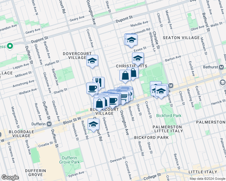 map of restaurants, bars, coffee shops, grocery stores, and more near in Toronto