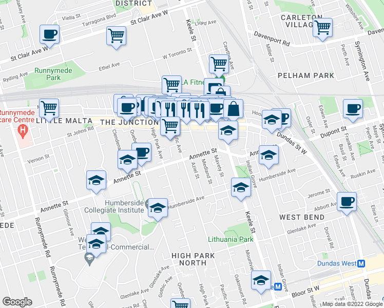 map of restaurants, bars, coffee shops, grocery stores, and more near in Toronto