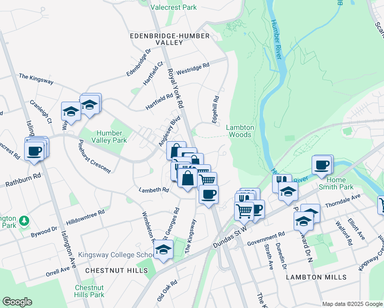 map of restaurants, bars, coffee shops, grocery stores, and more near in Etobicoke