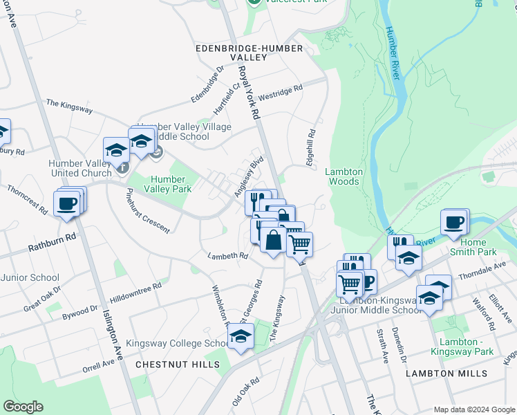 map of restaurants, bars, coffee shops, grocery stores, and more near in Etobicoke