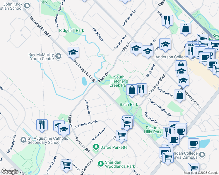 map of restaurants, bars, coffee shops, grocery stores, and more near 8351 McLaughlin Road in Brampton