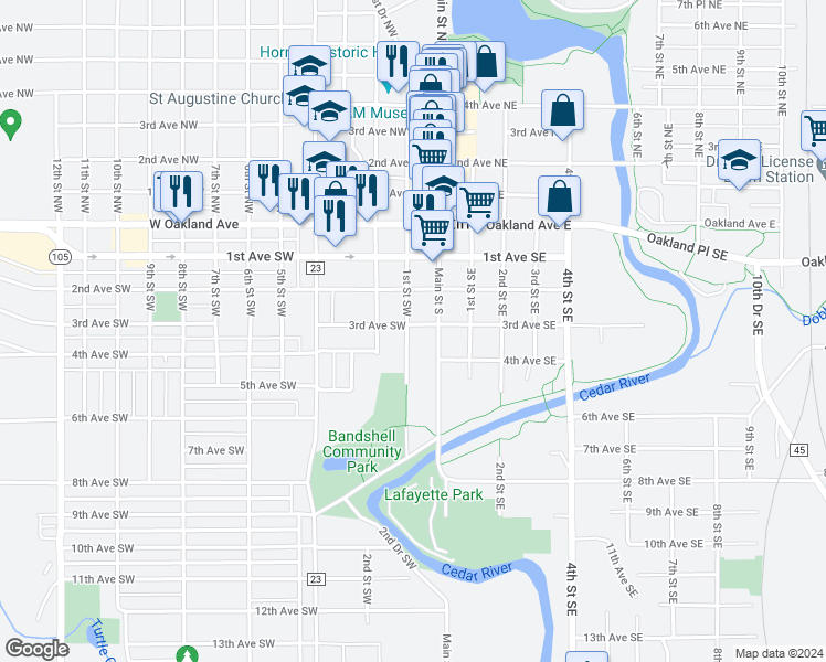 map of restaurants, bars, coffee shops, grocery stores, and more near 107 3rd Avenue Southwest in Austin