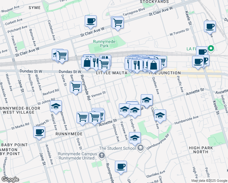 map of restaurants, bars, coffee shops, grocery stores, and more near 220 Fairview Avenue in Toronto