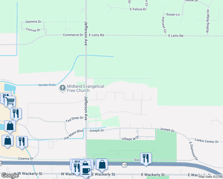 map of restaurants, bars, coffee shops, grocery stores, and more near 339 Broadhead Drive in Midland