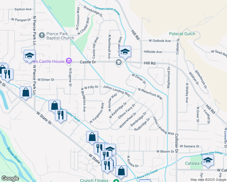 map of restaurants, bars, coffee shops, grocery stores, and more near 4803 Johns Landing Way in Boise
