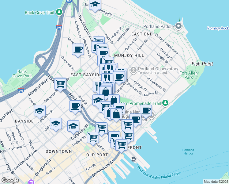 map of restaurants, bars, coffee shops, grocery stores, and more near 215 Congress Street in Portland