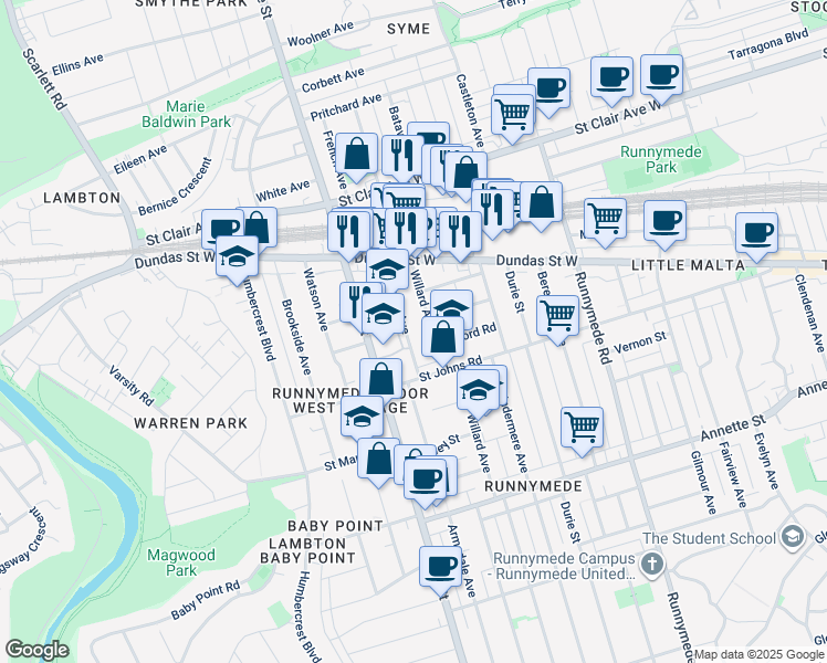 map of restaurants, bars, coffee shops, grocery stores, and more near 107 Priscilla Avenue in Toronto