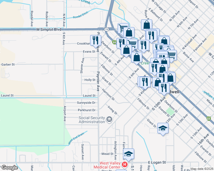 map of restaurants, bars, coffee shops, grocery stores, and more near 810 South 5th Avenue in Caldwell