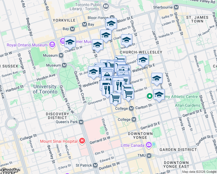 map of restaurants, bars, coffee shops, grocery stores, and more near 909 Bay Street in Toronto