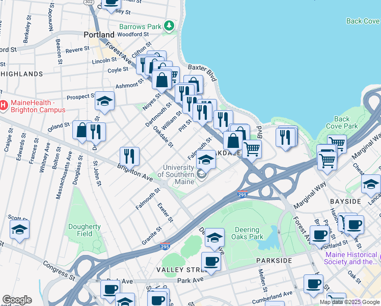 map of restaurants, bars, coffee shops, grocery stores, and more near 49 Falmouth Street in Portland