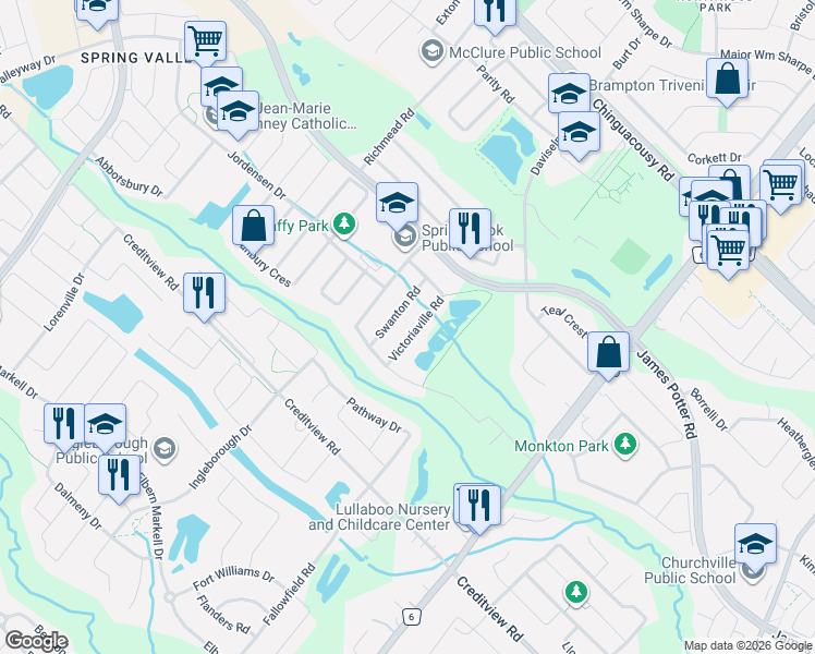 map of restaurants, bars, coffee shops, grocery stores, and more near 40 Victoriaville Road in Brampton