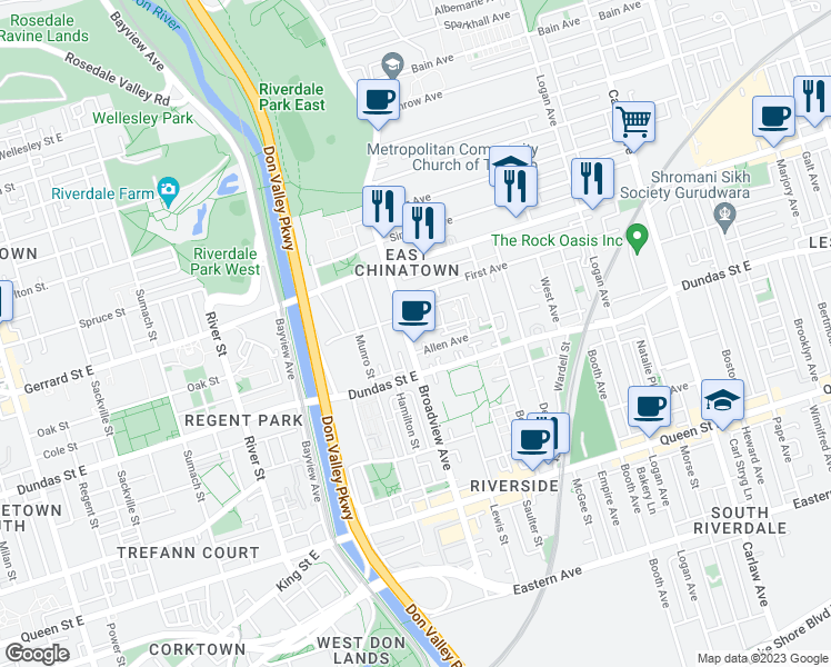 map of restaurants, bars, coffee shops, grocery stores, and more near in Toronto