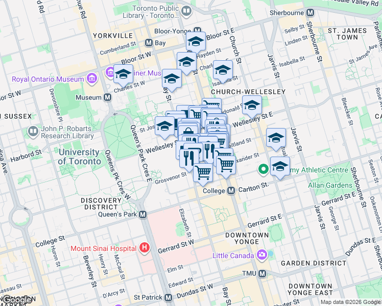map of restaurants, bars, coffee shops, grocery stores, and more near 909 Bay Street in Toronto