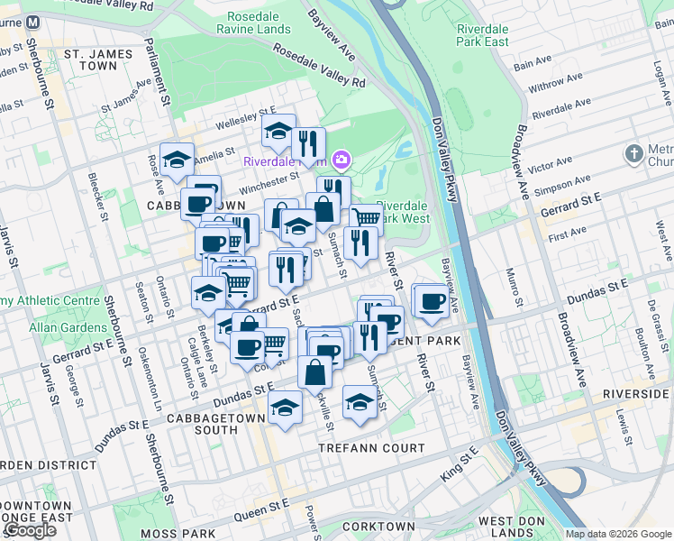 map of restaurants, bars, coffee shops, grocery stores, and more near 302 Sumach Street in Toronto