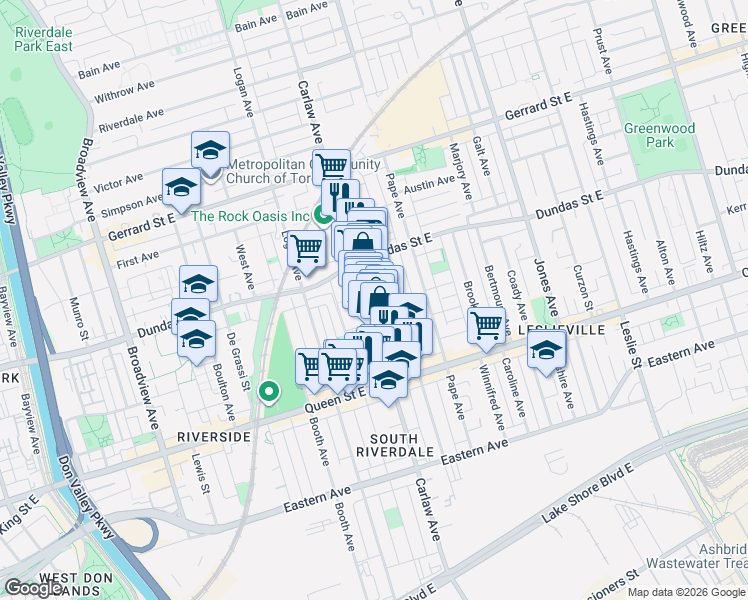 map of restaurants, bars, coffee shops, grocery stores, and more near 245 Carlaw Avenue in Toronto