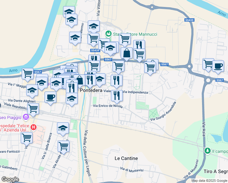 map of restaurants, bars, coffee shops, grocery stores, and more near 68 Viale Italia in Pontedera