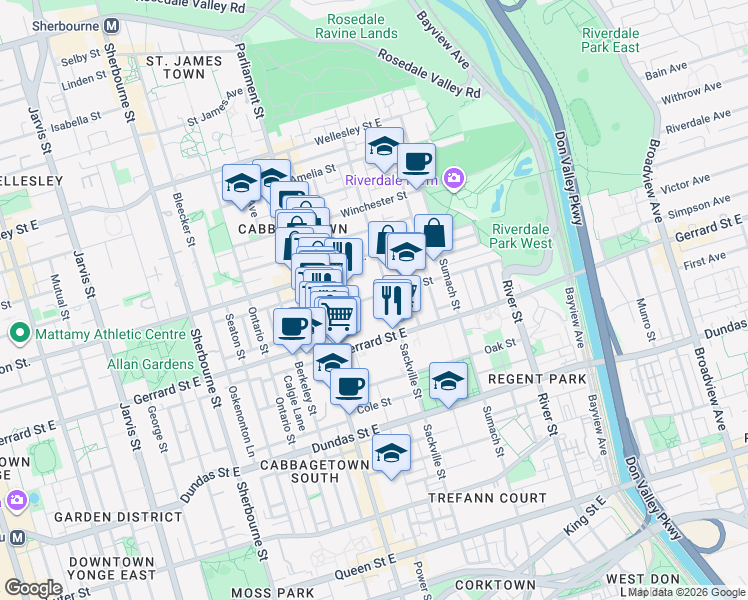 map of restaurants, bars, coffee shops, grocery stores, and more near 53 Spruce Street in Toronto