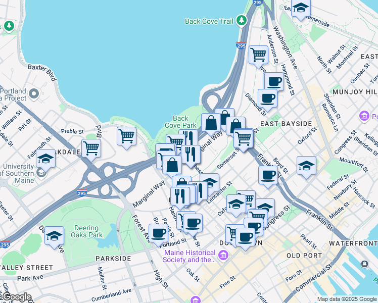 map of restaurants, bars, coffee shops, grocery stores, and more near 134 Marginal Way in Portland