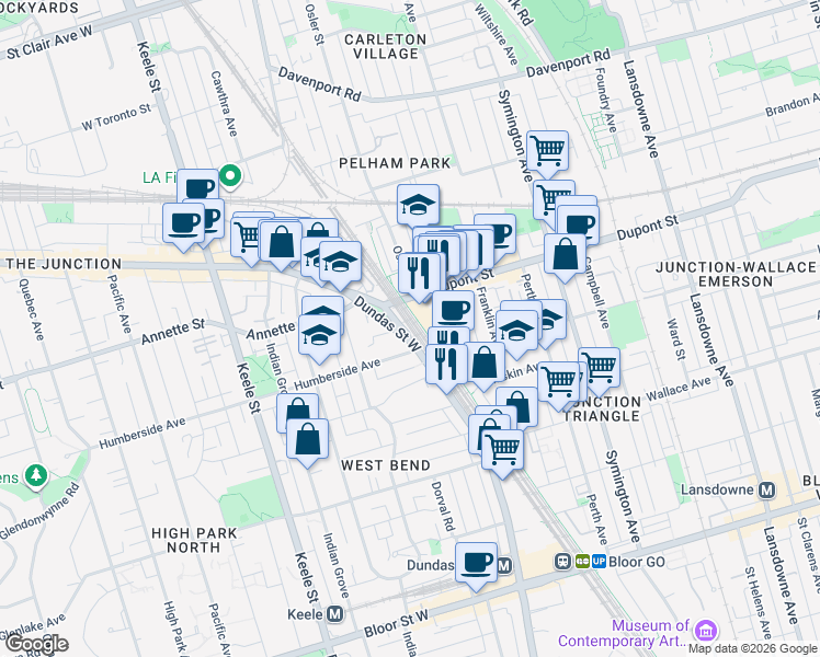 map of restaurants, bars, coffee shops, grocery stores, and more near 1934 Dundas Street West in Toronto