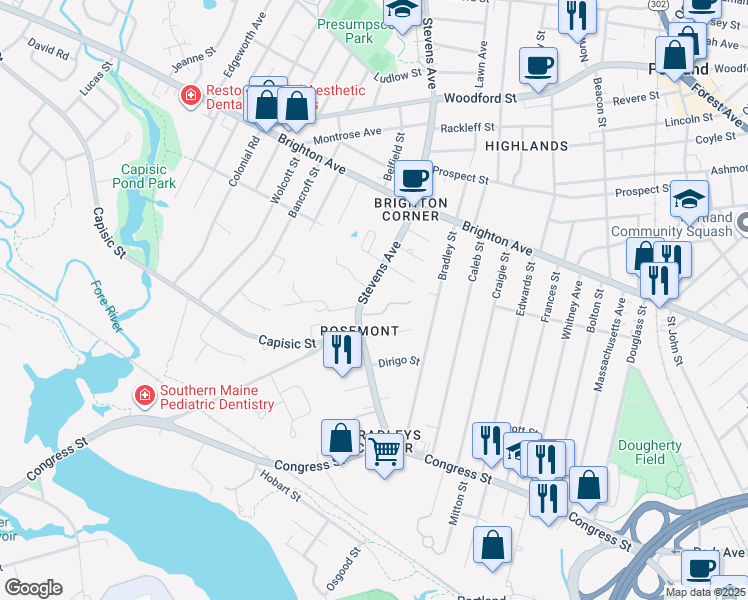 map of restaurants, bars, coffee shops, grocery stores, and more near 141 Stevens Avenue in Portland