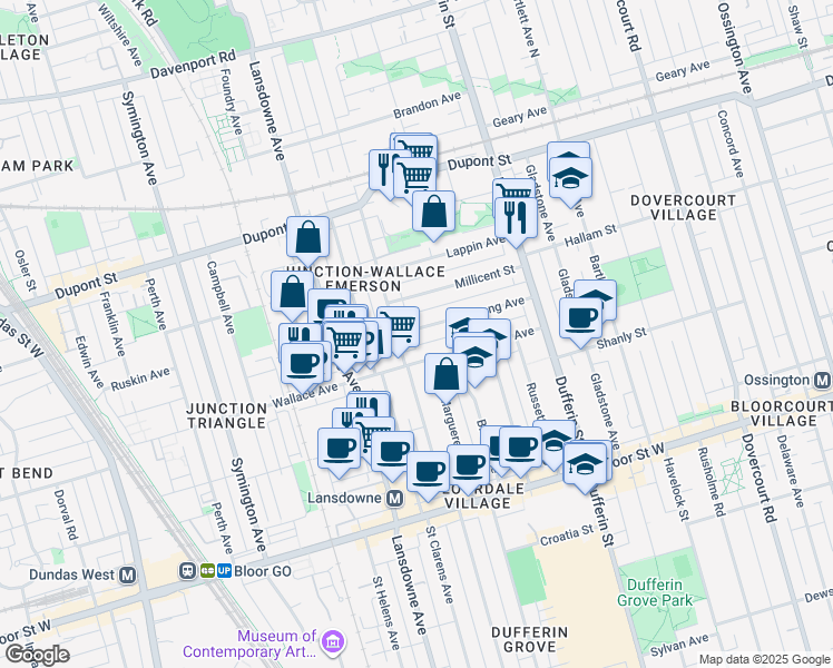 map of restaurants, bars, coffee shops, grocery stores, and more near 103 Armstrong Avenue in Toronto