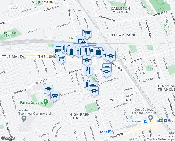 map of restaurants, bars, coffee shops, grocery stores, and more near 104 Annette Street in Toronto