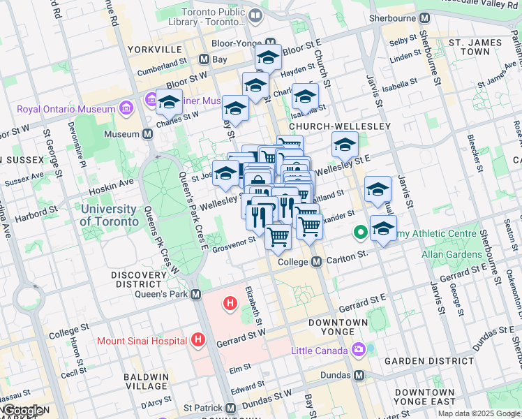 map of restaurants, bars, coffee shops, grocery stores, and more near 909 Bay Street in Toronto
