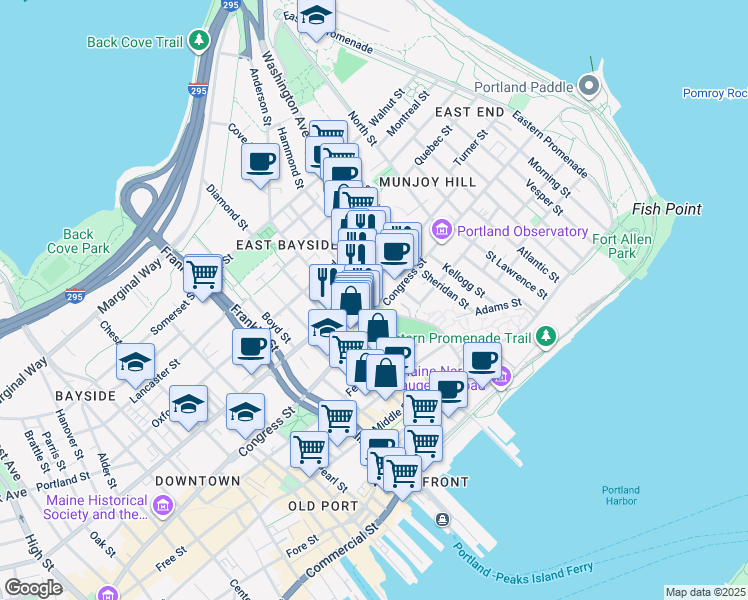map of restaurants, bars, coffee shops, grocery stores, and more near 115 Washington Avenue in Portland