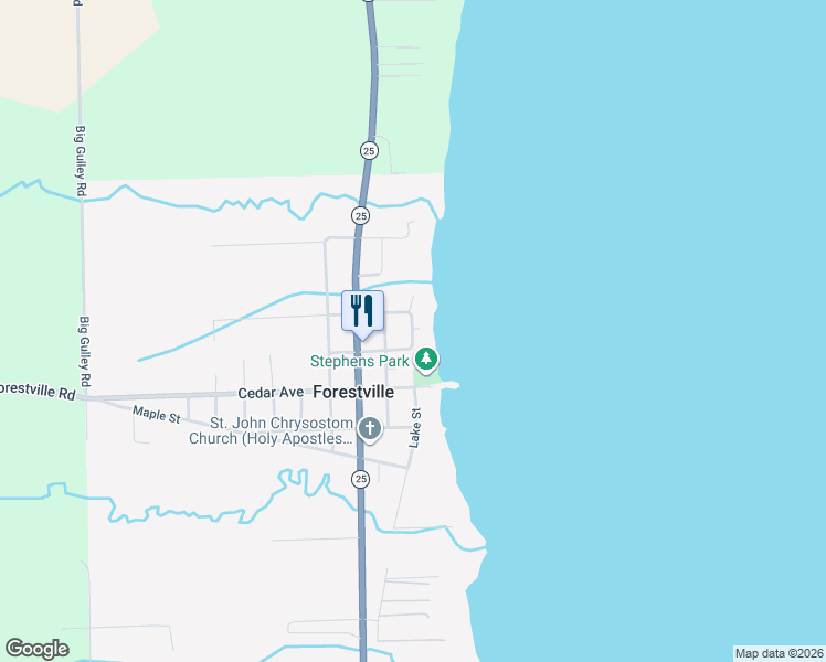 map of restaurants, bars, coffee shops, grocery stores, and more near 8210 Lake Street in Forestville