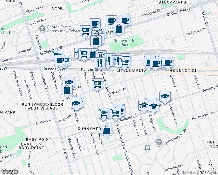 map of restaurants, bars, coffee shops, grocery stores, and more near in Toronto