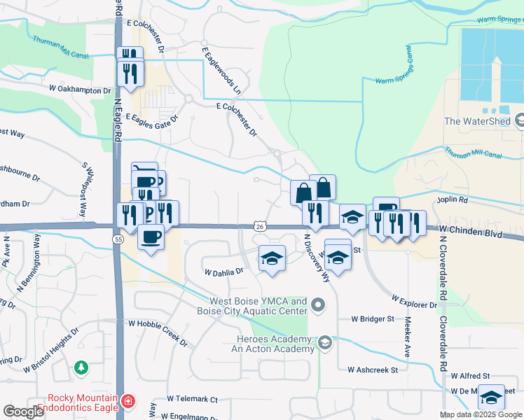 map of restaurants, bars, coffee shops, grocery stores, and more near 3850 West Chinden Boulevard in Eagle