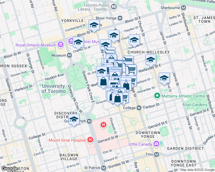 map of restaurants, bars, coffee shops, grocery stores, and more near 900 Bay Street in Toronto