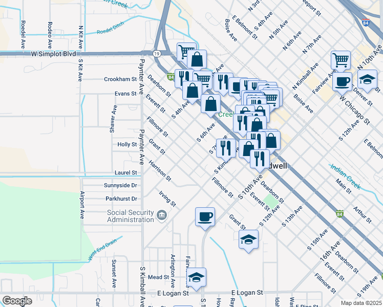 map of restaurants, bars, coffee shops, grocery stores, and more near 609 Fillmore Street in Caldwell
