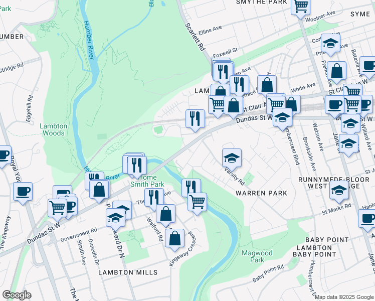 map of restaurants, bars, coffee shops, grocery stores, and more near 4049 Dundas Street West in Toronto