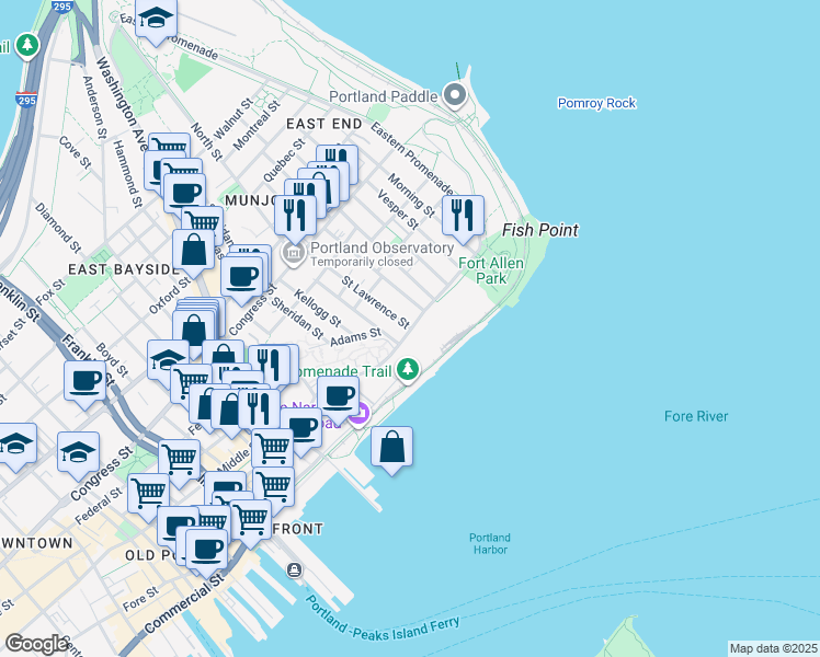 map of restaurants, bars, coffee shops, grocery stores, and more near Fore St & St Lawrence St in Portland