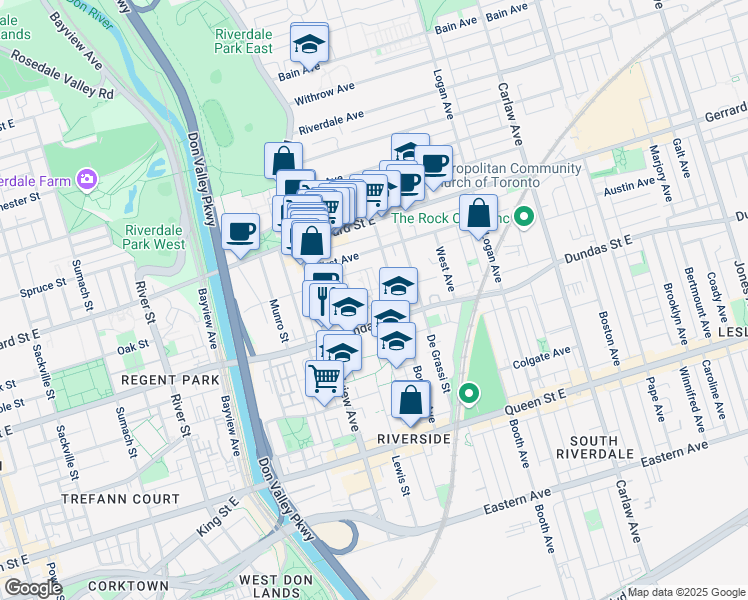 map of restaurants, bars, coffee shops, grocery stores, and more near in Toronto