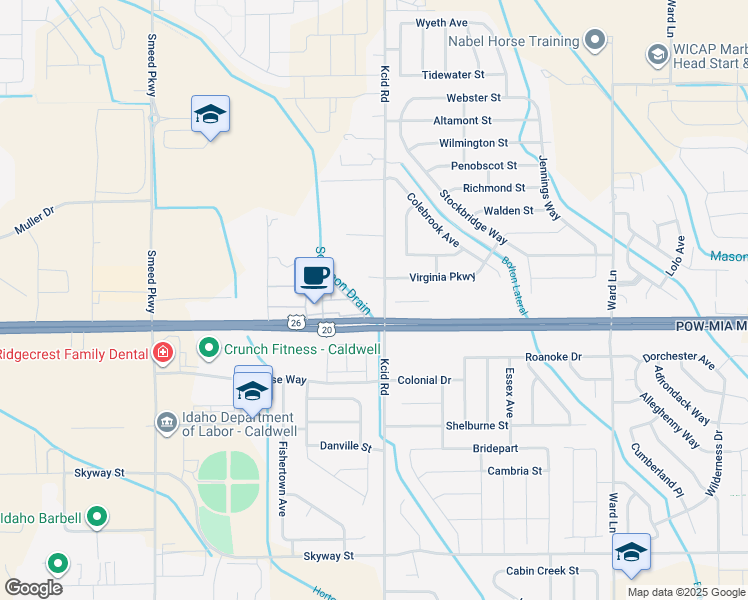 map of restaurants, bars, coffee shops, grocery stores, and more near 810 South Kcid Road in Caldwell