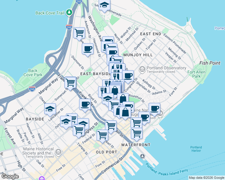 map of restaurants, bars, coffee shops, grocery stores, and more near 5 Anderson Street in Portland