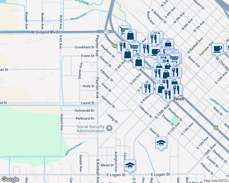map of restaurants, bars, coffee shops, grocery stores, and more near 515 Grant Street in Caldwell