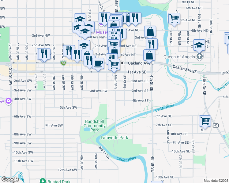 map of restaurants, bars, coffee shops, grocery stores, and more near 104 3rd Avenue Southeast in Austin