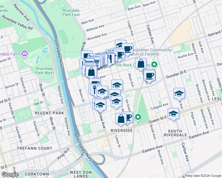 map of restaurants, bars, coffee shops, grocery stores, and more near 70 Allen Avenue in Toronto