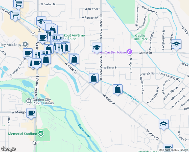 map of restaurants, bars, coffee shops, grocery stores, and more near 6474 West Lucky Lane in Boise