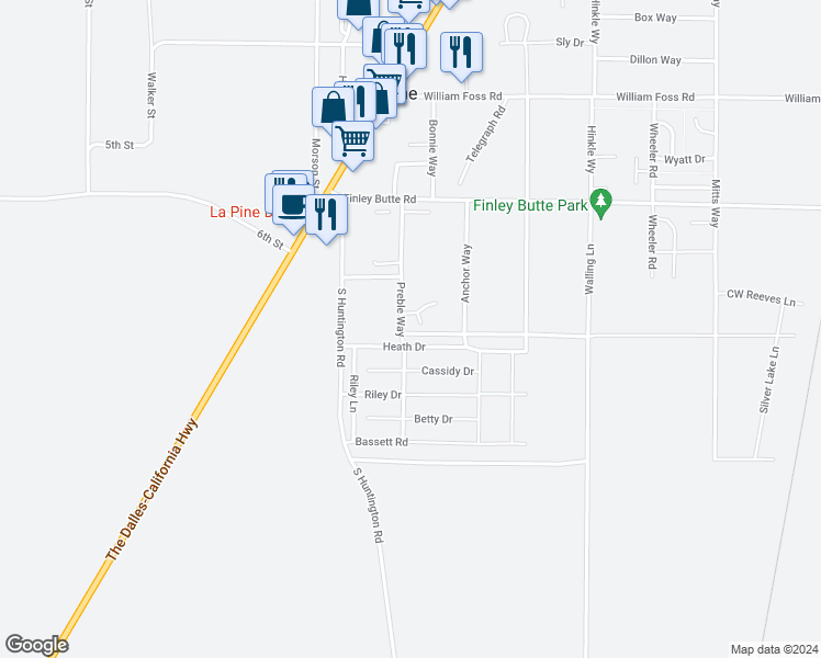 map of restaurants, bars, coffee shops, grocery stores, and more near 16452 Heath Drive in La Pine