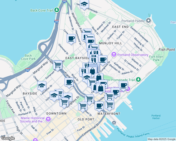 map of restaurants, bars, coffee shops, grocery stores, and more near 127 Cumberland Avenue in Portland