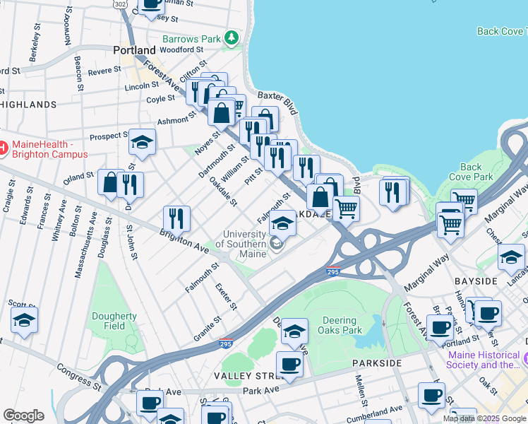 map of restaurants, bars, coffee shops, grocery stores, and more near 49 Falmouth Street in Portland