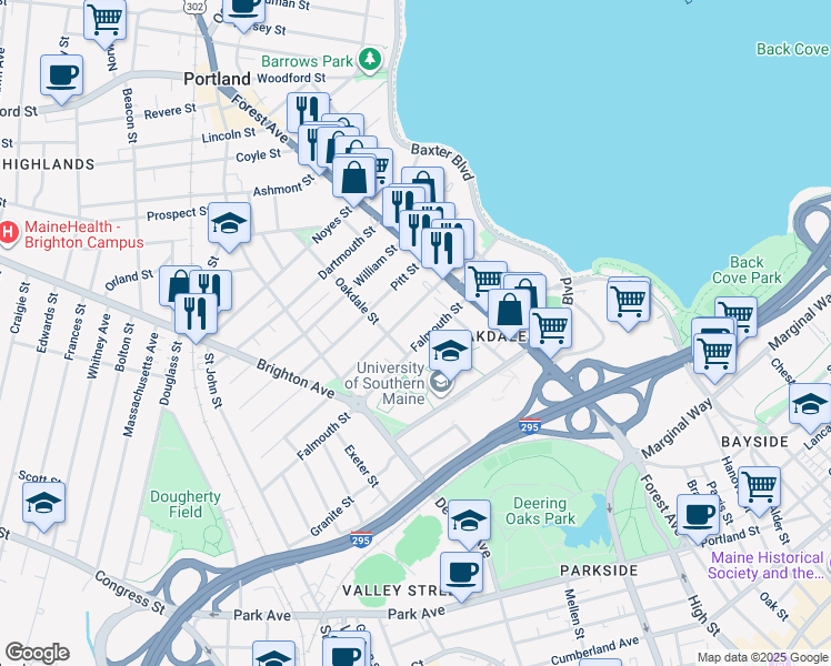 map of restaurants, bars, coffee shops, grocery stores, and more near 49 Falmouth Street in Portland
