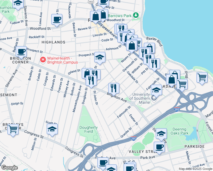 map of restaurants, bars, coffee shops, grocery stores, and more near 202 Dartmouth Street in Portland