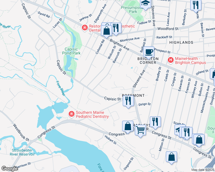 map of restaurants, bars, coffee shops, grocery stores, and more near 38 Redlon Park Road in Portland