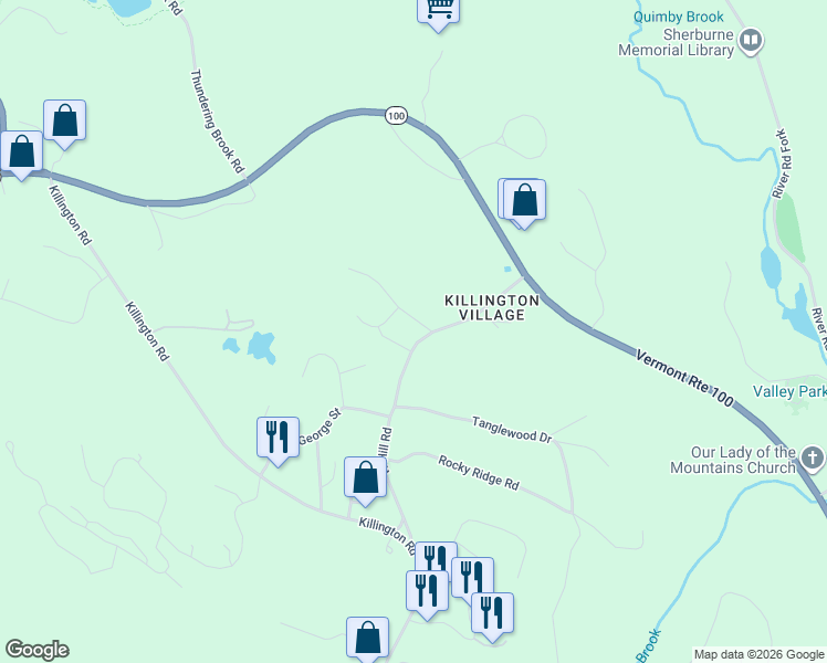 map of restaurants, bars, coffee shops, grocery stores, and more near 27 Timberline Drive Extension in Killington
